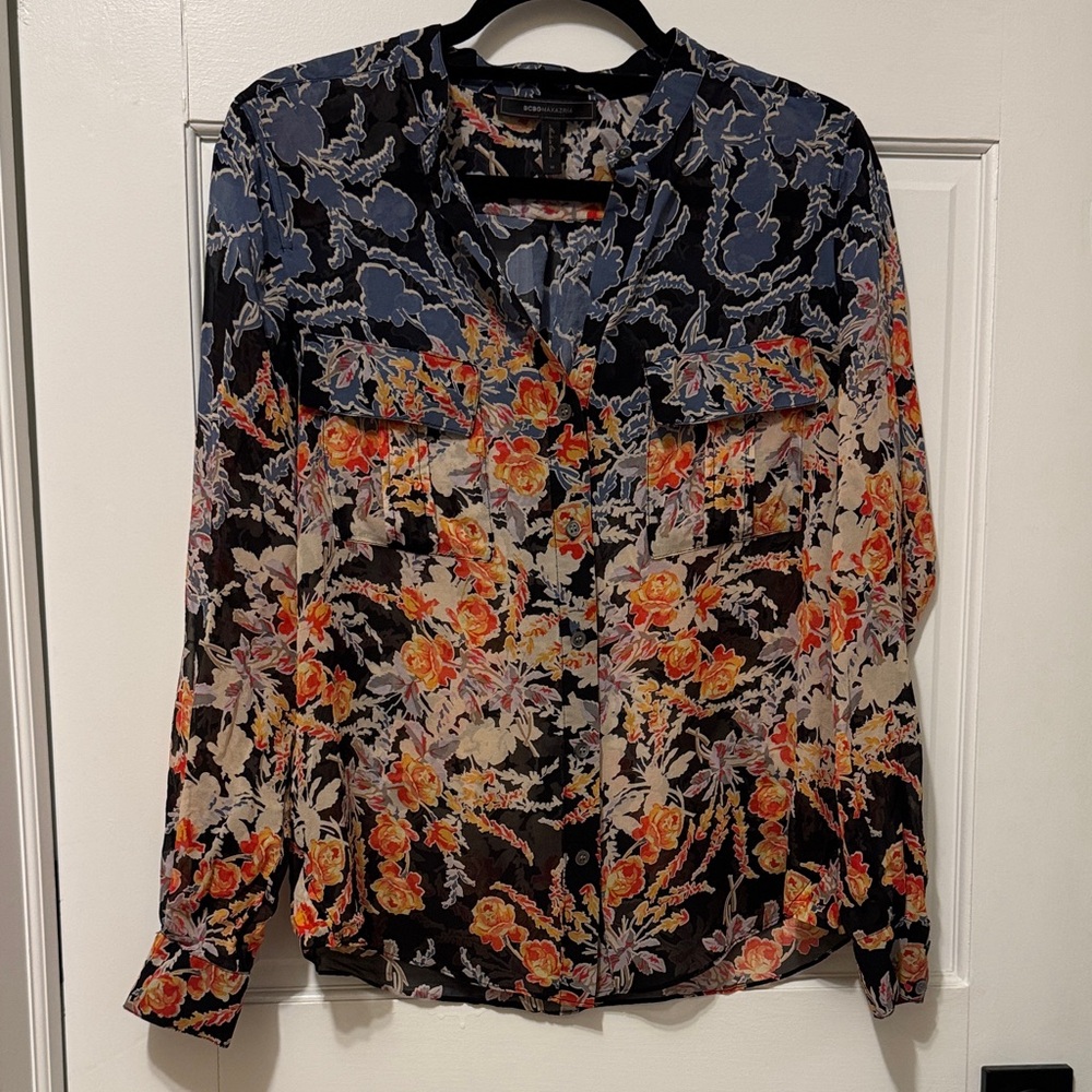 BCBGMaxAzria sheer silk Floral Blouse
